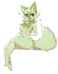 Rule 34 | 1girl, :3, animal ears, animal feet, animal nose, artist name, barefoot, blush, body fur, breasts, cat ears, cat girl, cat tail, completely nude, creatures (company), female focus, full body, furry, furry female, game freak, green fur, green theme, hand up, happy, heart, leaf, light blush, looking to the side, medium breasts, navel, nintendo, no nipples, nude, open mouth, personification, pokemon, pokemon (creature), red eyes, shiny skin, simple background, sitting, smile, solo, sprigatito, tail, teranen, thick thighs, thighs, twitter username, two-tone fur, watermark, white background