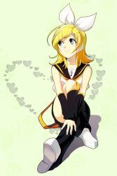 Rule 34 | 1girl, bad id, bad pixiv id, bare shoulders, blonde hair, blue eyes, hair ribbon, heart, hirococo, kagamine rin, looking up, ribbon, short hair, sitting, smile, solo, vocaloid