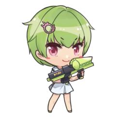 Rule 34 | &gt;:), 1girl, blush stickers, chibi, closed mouth, commentary request, crocodile hair ornament, green hair, hair between eyes, holding, holding water gun, looking at viewer, may salamanya, miniskirt, nomura miki, pink eyes, school uniform, short hair, simple background, skirt, smile, smug, solo, standing, summer pockets, v-shaped eyebrows, water gun, white background, white skirt