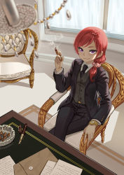 Rule 34 | 10s, 1girl, ashtray, chandelier, cigar, formal, nib pen (object), hair over shoulder, highres, jewelry, crossed legs, looking at viewer, looking up, love live!, love live! school idol project, low ponytail, necktie, nishikino maki, pen, purple eyes, red hair, ring, scrunchie, short hair, sitting, smile, solo, suit, tsurime, watch, zhanzheng zi