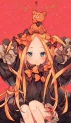 Rule 34 | 1girl, :o, abigail williams (fate), alternate hairstyle, ana (rznuscrf), arms up, black bow, black dress, blonde hair, bloomers, blue eyes, blush, bow, bug, butterfly, commentary request, dress, fate/grand order, fate (series), hair bow, hands in opposite sleeves, highres, insect, key, keyhole, long hair, long sleeves, looking at viewer, no headwear, on head, orange bow, parted bangs, parted lips, polka dot, polka dot bow, solo, stuffed animal, stuffed toy, teddy bear, two side up, underwear, very long hair, white bloomers