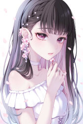 Rule 34 | 1girl, black hair, cherry blossoms, choker, collarbone, commentary request, dangle earrings, dress, earrings, expressionless, eyelashes, fingerless gloves, flower, flower earrings, gloves, hair between eyes, hand up, highres, holding, holding flower, jewelry, long hair, looking at viewer, nose, off-shoulder dress, off shoulder, original, parted lips, petals, portrait, purple eyes, purple hair, ring, saijou yurika, signature, simple background, solo, white background, white choker, white dress