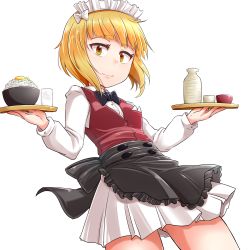 Rule 34 | 1girl, apron, bartender, black apron, black bow, black bowtie, blonde hair, blunt bangs, bottle, bow, bowl, bowtie, brown vest, choko (cup), closed mouth, commentary, cowboy shot, cup, cutlass (girls und panzer), dress shirt, drinking glass, dutch angle, egg, frilled apron, frills, girls und panzer, handkerchief, highres, holding, holding tray, kitayama miuki, long sleeves, looking at viewer, maid headdress, miniskirt, pleated skirt, rice, sake bottle, school uniform, shirt, short hair, simple background, skirt, smile, solo, standing, tokkuri, tray, vest, waist apron, white background, white shirt, white skirt, wing collar, yellow eyes