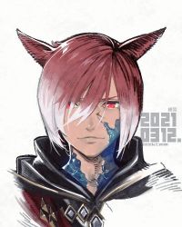 Rule 34 | 1boy, animal ears, black cloak, bob cut, cat boy, cat ears, cloak, crystal exarch, dated, facial mark, final fantasy, final fantasy xiv, g&#039;raha tia, hair between eyes, looking at viewer, lowres, male focus, material growth, miqo&#039;te, portrait, red eyes, red hair, sasaki tomomi, short hair, slit pupils, smile, solo, upper body, white background
