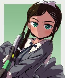 Rule 34 | 1girl, aonuma neiru, aqua eyes, bow, braid, brown hair, dress, expressionless, green background, grey dress, hair bow, hair ornament, hairclip, highres, holding, holding weapon, inoue kouji, long hair, long sleeves, looking at viewer, sidelocks, simple background, solo, weapon, white bow, wonder egg priority
