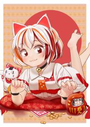 Rule 34 | 1girl, :3, absurdres, animal ears, barefoot, bell, black collar, blush, bracelet, cat ears, cat tail, closed mouth, coin, collar, commentary request, crop top, daruma doll, feet up, foot out of frame, foreshortening, goutokuji mike, hakurei reimu, highres, housulu, jewelry, jingle bell, looking down, lying, maneki-neko, midriff, multicolored hair, ofuda, on stomach, puffy short sleeves, puffy sleeves, red eyes, shirt, short hair, short sleeves, silver hair, simple background, skirt, solo, streaked hair, tail, toes, touhou, white shirt, white skirt