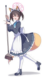 Rule 34 | 1girl, absurdres, alternate costume, animal ear fluff, animal ears, apron, black dress, black footwear, black hair, blue archive, blush, boots, closed eyes, dress, enmaided, facing viewer, fang, fox ears, fox tail, frilled apron, frills, full body, halo, highres, izuna (blue archive), izunasuki art, long sleeves, maid, maid apron, maid headdress, open mouth, pantyhose, pink halo, puffy long sleeves, puffy sleeves, short hair, simple background, smile, solo, tail, two side up, white apron, white background, white pantyhose