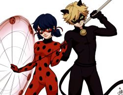 Rule 34 | 1boy, 1girl, adrien agreste, animal ears, bell, black bodysuit, bodysuit, breasts, cat ears, cat tail, ceejles, chat noir, claws, contrapposto, cowboy shot, domino mask, eyes visible through hair, fake animal ears, fake tail, hair between eyes, hair ribbon, head tilt, highres, jingle bell, ladybug (character), legs apart, lips, magical boy, marinette dupain-cheng, mask, miraculous ladybug, polka dot, red bodysuit, ribbon, side-by-side, signature, simple background, small breasts, smile, spiked hair, staff, standing, swept bangs, tail, twintails