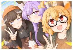 Rule 34 | 3girls, ahoge, animal ears, black hair, black jacket, blonde hair, blue archive, blurry, blurry foreground, blush, breasts, bright pupils, brown coat, brown headwear, brown sweater, closed mouth, coat, cup, dated, day, disposable cup, dog ears, dog girl, dog tail, glasses, grey shirt, halo, hand up, hariyaa, hat, hibiki (blue archive), highres, holding, holding cup, jacket, kotori (blue archive), leaf, long hair, looking at viewer, multiple girls, open clothes, open coat, open jacket, open mouth, outdoors, purple hair, red eyes, selfie, semi-rimless eyewear, shirt, shirt tucked in, short hair, skirt, small breasts, smile, sweater, tail, upper body, utaha (blue archive), w, white pupils