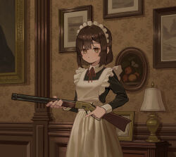 Rule 34 | 1girl, absurdres, apron, black dress, blunt bangs, blunt ends, brown eyes, brown hair, chest of drawers, closed mouth, collared dress, commentary, dress, frilled apron, frills, gun, highres, holding, holding gun, holding weapon, indoors, lamp, lampshade, lever action, long bangs, long sleeves, looking at viewer, maid, maid apron, maid headdress, neck ribbon, original, oukayu, painting (object), picture frame, red ribbon, ribbon, rifle, serious, short hair, sleeve cuffs, solo, trigger discipline, upper body, wallpaper (object), weapon, white apron, yellow eyes