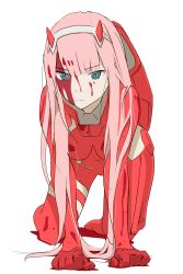Rule 34 | 10s, 1girl, akagi (fmttps), all fours, aqua eyes, bad id, bad pixiv id, blood, blood on clothes, blood on face, blunt bangs, bodysuit, breasts, clenched hands, darling in the franxx, full body, headband, highres, horns, long hair, looking at viewer, medium breasts, pilot suit, pink hair, simple background, skin tight, solo, very long hair, white background, white headband, zero two (darling in the franxx)