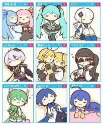 Rule 34 | 3boys, 6+girls, :t, = =, aqua hair, arm pillow, bandaged arm, bandages, beanie, black dress, black hair, black sailor collar, blonde hair, blue hair, blue scarf, blue socks, blush, border, butterfly hair ornament, cevio, chair, character name, chibi, closed eyes, coat, crossover, detached sleeves, digital dissolve, dress, eyepatch, face-to-face, fetal position, fingerless gloves, flower (vocaloid), gachapin, gloves, green hair, hair ornament, hat, hatsune miku, headgear, headphones, headset, holding, holding hands, holding pillow, holding stuffed toy, hood, hood down, hoodie, hug, joints, kafu (cevio), kagamine len, kagamine rin, kaito (vocaloid), knees up, kotonoha akane, kotonoha aoi, leg warmers, lilija, long hair, long sleeves, looking at viewer, lying, multicolored hair, multiple boys, multiple girls, necktie, office chair, on back, on side, one eye covered, otomachi una, outside border, pillow, pink hair, pleated skirt, purple hair, robot joints, ryuuto (vocaloid), sailor collar, scarf, short hair, short hair with long locks, siblings, sidelocks, sisters, skirt, sleeping, sleepy, smile, socks, standing, streaked hair, striped necktie, stuffed toy, swivel chair, twins, twintails, unworn hat, unworn headwear, very long hair, vocaloid, voiceroid, vy2, white coat, white dress, white hair