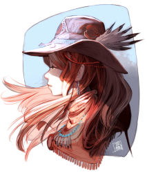 Rule 34 | 1girl, cowboy hat, earrings, expressionless, feathers, fringe trim, hat, hirooka masaki, jewelry, looking away, native american, profile, red hair, scarf, solo, cowboy western, wind