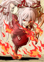 Rule 34 | &gt;:), 1girl, action, between fingers, blurry, boots, bow, cross-laced footwear, depth of field, fire, fujiwara no mokou, hair bow, hair ornament, hand in pocket, holding, kitsune maru, lace-up boots, long hair, looking away, motion blur, pants, red eyes, running, shirt, short sleeves, solo, suspenders, torn clothes, torn sleeves, touhou, v-shaped eyebrows, very long hair, white hair