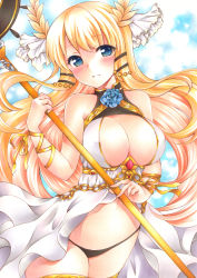 Rule 34 | 1girl, arm ribbon, azur lane, bare shoulders, blonde hair, blue eyes, blue flower, blue rose, blush, bow, breasts, chain, cleavage, covered erect nipples, cowboy shot, dress, eyes visible through hair, flower, gem, hair ornament, hair ribbon, hand up, highres, large breasts, laurel crown, long hair, looking at viewer, marker (medium), midriff, multicolored hair, navel, open mouth, panties, pink hair, red gemstone, ribbon, rose, saya pr, solo, staff, thighhighs, traditional media, underwear, veil, victorious (azur lane)