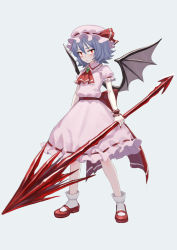 Rule 34 | 1girl, ascot, bat wing, bat wings, blue hair, brooch, fkey, full body, hat, hat ribbon, highres, holding, holding weapon, jewelry, mary janes, mob cap, nail polish, pink hat, red eyes, red footwear, red nails, red ribbon, remilia scarlet, ribbon, shoes, simple background, socks, solo, spear the gungnir, standing, touhou, weapon, white socks, wing collar, wings, wrist cuffs
