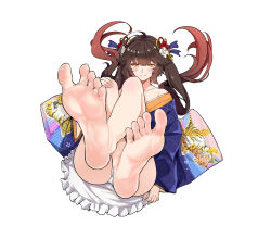 Rule 34 | absurdres, antenna hair, bare shoulders, barefoot, beifeng han, blush, brown hair, chinese commentary, closed mouth, collarbone, commentary request, commission, crossed legs, feet, foot focus, full body, girls&#039; frontline, hand on own knee, highres, japanese clothes, kimono, looking at viewer, lying, m14 (girls&#039; frontline), m14 (tiger cubs of prosperity) (girls&#039; frontline), multicolored hair, off shoulder, on back, panties, print kimono, red hair, second-party source, simple background, smile, soles, tiger, twintails, two-tone hair, underwear, white panties, yellow eyes