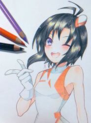Rule 34 | 1girl, :d, ;d, antenna hair, arm at side, art tools in frame, bare shoulders, benidzuki p, black hair, blush, breasts, colored pencil, colored pencil (medium), commentary, dress, floating hair, garrison cap, gloves, hand up, hat, highres, idolmaster, index finger raised, kikuchi makoto, light particles, looking at viewer, mini hat, one eye closed, open mouth, orange dress, orange hat, pencil, purple eyes, round teeth, short hair, simple background, sleeveless, sleeveless dress, small breasts, smile, solo, teeth, traditional media, two-tone dress, two-tone headwear, upper body, upper teeth only, voy@ger (idolmaster), white background, white dress, white gloves, white hat