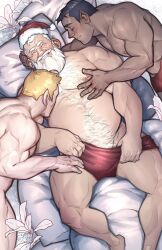 Rule 34 | 3boys, apostlxiii, bara, beard, belly, blonde hair, bulge, christmas, clothed male nude male, clothes pull, facial hair, from above, grabbing, group sex, hairy, happy, hat, highres, large pectorals, long beard, male focus, male pubic hair, mature male, mmm threesome, multiple boys, muscular, muscular male, navel, nipples, nude, old, old man, original, pectoral grab, pectorals, pointy ears, pubic hair, pubic hair peek, pulling own clothes, sack, santa claus, santa costume, santa hat, short hair, shorts, shorts pull, thick beard, thick chest hair, thick eyebrows, thick navel hair, thighs, threesome, topless male, very hairy, white hair, wrinkled skin, yaoi