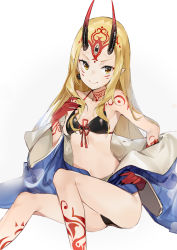 Rule 34 | 1girl, aida (chinhung0612), bare shoulders, bikini, bikini under clothes, black bikini, black nails, blonde hair, blue kimono, breasts, closed mouth, commentary request, earrings, facial mark, fate/grand order, fate (series), feet out of frame, fingernails, front-tie bikini top, front-tie top, gradient background, hand on own hip, highres, horns, ibaraki douji (fate), ibaraki douji (swimsuit lancer) (first ascension) (fate), japanese clothes, jewelry, kimono, long hair, looking at viewer, nail polish, off shoulder, oni, oni horns, pointy ears, sharp fingernails, sitting, small breasts, smile, solo, spread legs, swimsuit, tattoo, wide sleeves, yellow eyes