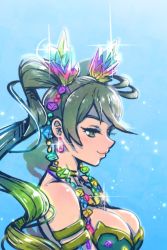 Rule 34 | 1girl, akairiot, armlet, bare shoulders, blue background, breasts, cleavage, collar, de la fille, from side, gem, gradient background, granblue fantasy, green eyes, green hair, hair ornament, highres, jewelry, large breasts, long hair, necklace, profile, rainbow, smile, solo, sparkle, twintails, upper body