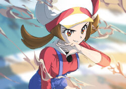 Rule 34 | 1girl, absurdres, blue overalls, bow, brown eyes, brown hair, cabbie hat, creatures (company), determined, dust cloud, from side, game freak, hand on own face, hat, highres, keeno-ringo46, looking ahead, low twintails, lyra (pokemon), nintendo, overalls, pokemon, pokemon hgss, red bow, red shirt, shirt, teeth, twintails, v-shaped eyebrows