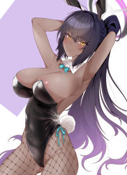 Rule 34 | 1girl, absurdres, animal ears, aqua bow, aqua bowtie, areola slip, arms behind head, arms up, black hair, black leotard, blue archive, blush, bow, bowtie, breasts, closed mouth, dark-skinned female, dark skin, detached collar, fake animal ears, fake tail, fishnet pantyhose, fishnets, gradient hair, hair between eyes, halo, highres, karin (blue archive), karin (bunny) (blue archive), large breasts, leotard, long hair, looking at viewer, multicolored hair, pantyhose, playboy bunny, ponytail, purple hair, simple background, solo, tail, umashio, very long hair, yellow eyes