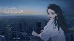 Rule 34 | 1girl, artist name, bad id, bad pixiv id, bracelet, brown eyes, brown hair, building, city, cityscape, closed mouth, earrings, highres, jewelry, light smile, lipstick, lococo:p, looking at viewer, looking back, makeup, mole, mole under eye, night, original, outdoors, red lips, shirt, signature, skyscraper, solo, white shirt