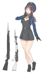 Rule 34 | 1girl, aiguillette, ascot, assault rifle, bayonet, belt, black dress, black footwear, black gloves, blue belt, blue hat, breasts, brown hair, cleavage, commentary, cropped jacket, dress, full body, genso, gloves, gun, hat, highres, long sleeves, looking at viewer, medium breasts, medium hair, military, military uniform, original, rifle, short dress, simple background, smile, solo, standing, symbol-only commentary, uniform, weapon, white background, yellow ascot, yellow eyes