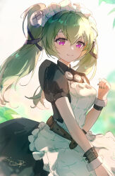 Rule 34 | 1girl, apron, belt, brown belt, closed mouth, corin wickes, cowboy shot, green eyes, hair between eyes, hair ornament, highres, long hair, looking at viewer, maid, maid apron, maid headdress, plant, purple eyes, shanshanziyu, signature, smile, solo, twintails, wrist cuffs, zenless zone zero