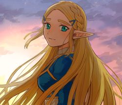 Rule 34 | 1girl, aqua eyes, backlighting, blonde hair, blue shirt, blush, braid, breasts, closed mouth, cloud, crown braid, female focus, from side, gradient sky, hair ornament, hairclip, happy, light blush, long hair, long sleeves, looking at viewer, nintendo, outdoors, parted bangs, pointy ears, princess zelda, shijima (4jima), shirt, sidelocks, sky, small breasts, smile, solo, standing, sunset, the legend of zelda, the legend of zelda: breath of the wild, upper body