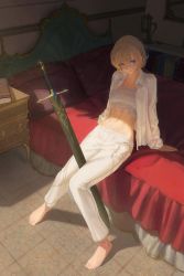 Rule 34 | 1girl, arm support, barefoot, bed, blonde hair, blue eyes, book, character request, closed mouth, collared shirt, cool4noodle, copyright request, full body, hair between eyes, highres, indoors, knees together feet apart, leaning back, long sleeves, looking at viewer, navel, nightstand, on bed, open clothes, open shirt, pants, pillow, shirt, short hair, solo, sword, toes, weapon, white pants, white shirt
