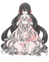 Rule 34 | 2girls, bdsm, black hair, bondage, bound, bound wrists, covering own eyes, dark persona, dual persona, hands on another&#039;s face, kagerou project, kozakura marry, kuroi (liar-player), long hair, lowres, multiple girls, red eyes, very long hair, vocaloid, white hair