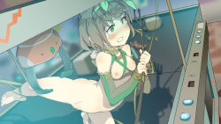 Rule 34 | 1girl, andousaiga, barefoot, blurry, blurry background, blush, bottomless, breasts, brown hair, choker, clenched teeth, crane (machine), elbow gloves, embarrassed, eyebrows hidden by hair, feet, female focus, gloves, green eyes, groin, highres, indoors, legs, nipples, no panties, original, restrained, short hair, small breasts, solo, tears, teeth, thighs, toes