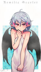1girl ahoge bat_wings blue_hair blush breasts carte covering_privates ear_blush looking_at_viewer messy_hair naked_towel nude_cover pointy_ears red_eyes remilia_scarlet short_hair small_breasts solo touhou towel white_towel wings
