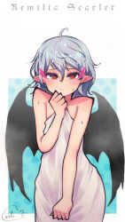 Rule 34 | 1girl, ahoge, bat wings, blue hair, blush, breasts, carte, covering privates, ear blush, looking at viewer, messy hair, naked towel, nude cover, pointy ears, red eyes, remilia scarlet, short hair, small breasts, solo, touhou, towel, white towel, wings