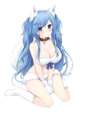 Rule 34 | 1girl, alternate hairstyle, animal ear fluff, animal ears, animal hands, bare arms, bare legs, bare shoulders, between legs, blue bow, blue eyes, blue hair, blush, bow, breasts, cleavage, closed mouth, collar, emori miku, fox ears, fox tail, full body, gloves, hair ornament, hairclip, heart, highres, kemonomimi mode, large breasts, liver city, long hair, looking at viewer, midriff, miko (royal milk), navel, paw gloves, simple background, sitting, socks, solo, stomach, tail, thighs, twintails, v arms, very long hair, wariza, white background, white socks