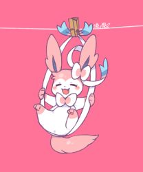 Rule 34 | = =, blush, clothes pin, clothesline, creatures (company), fang, full body, game freak, gen 6 pokemon, hanging, happy, looking at viewer, lovewolf5122, nintendo, no humans, pink background, pink theme, pokemon, pokemon (creature), simple background, solo, swinging, sylveon