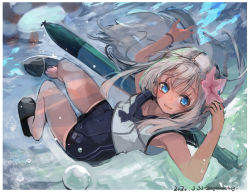 Rule 34 | 1girl, air bubble, armpits, bare legs, bare shoulders, blue eyes, blush, bracelet, breasts, bubble, commentary request, covered navel, crop top, flower, freediving, hair flower, hair ornament, highres, jewelry, kantai collection, lifebuoy, long hair, looking at viewer, nagasawa tougo, nontraditional school swimsuit, one-piece swimsuit, one-piece tan, open mouth, ro-500 (kancolle), sailor collar, school swimsuit, school uniform, serafuku, slippers, small breasts, smile, solo, submerged, swim ring, swimming, swimsuit, swimsuit under clothes, tan, tanline, torpedo, underwater, white hair