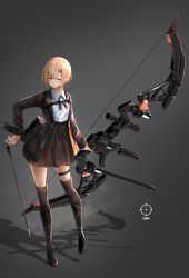 Rule 34 | 1girl, arrow (projectile), blonde hair, boots, bow (weapon), grey background, gun, hair ornament, hairclip, highres, konome noi, long sleeves, orange eyes, original, quiver, scope, short hair, thigh boots, thigh strap, thighhighs, weapon