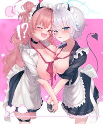 Rule 34 | !?, 2girls, :d, absurdres, alternate costume, apron, asymmetrical docking, black choker, black horns, black skirt, blue archive, blush, bow, bowtie, breast press, breasts, breasts out, choker, cleavage, closed eyes, demon horns, demon tail, double bun, enmaided, erika (blue archive), fake horns, fang, hair bun, hair ornament, halo, heads together, heart, highres, holding hands, horn hairband, horns, kirara (blue archive), large breasts, long hair, long sleeves, looking at viewer, loose bowtie, loose neck ribbon, maid, maid apron, maid day, maid headdress, medium breasts, multiple girls, nipples, no bra, open mouth, pink hair, pink halo, pleated skirt, school uniform, shirt, short hair, skin fang, skirt, smile, sweat, tail, uro yotada, white apron, white hair, white shirt