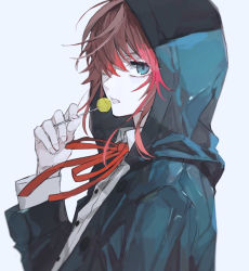 Rule 34 | 1boy, amemura ramuda, blue coat, blue eyes, candy, coat, ebanoniwa, food, grey background, hair over one eye, hand up, holding, holding candy, holding food, holding lollipop, hood, hood up, hypnosis mic, lollipop, looking at viewer, male focus, neck ribbon, one eye covered, parted lips, red hair, red ribbon, ribbon, shirt, simple background, solo, upper body, white shirt