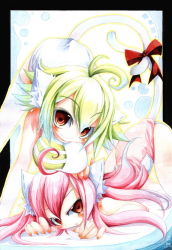Rule 34 | 2girls, ahoge, animal ears, blush, bow, breast rest, breasts, breasts on head, brown eyes, cat ears, cat tail, emperpep, green hair, multiple girls, painting (medium), pink hair, small breasts, tail, thighhighs, traditional media, watercolor (medium)