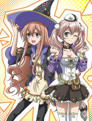 Rule 34 | 2girls, :d, ;d, atelier (series), atelier escha &amp; logy, black jacket, black legwear, black skirt, blush, breasts, brown eyes, brown hair, choker, cleavage, collarbone, dress, escha malier, floating hair, green eyes, hair between eyes, hair ornament, hanzou, hat, jacket, jewelry, layered skirt, long hair, looking at viewer, medium breasts, miniskirt, multiple girls, necklace, one eye closed, open clothes, open jacket, open mouth, pink hair, short dress, skirt, smile, standing, tail, thighhighs, twintails, v, very long hair, white dress, white hat, white legwear, wilbell voll-ersleid, witch hat, zettai ryouiki