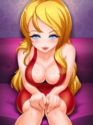 Rule 34 | 1girl, bare shoulders, blonde hair, blue eyes, breasts, cleavage, closed mouth, collarbone, couch, date crush stories, dress, game cg, highres, knees, lipstick, long hair, looking at viewer, makeup, nail polish, red dress, red nails, rose (date crush stories), sitting, sleeveless, smile, solo, wall