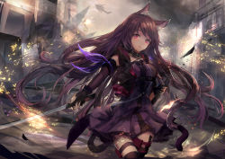 Rule 34 | 1girl, absurdres, aircraft, arknights, battlefield, helicopter, highres, long hair, looking at viewer, melantha (arknights), pink eyes, purple hair, solo, sword, thighhighs, trrcmb, weapon