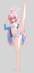 Rule 34 | 1girl, absurdres, ahoge, bare legs, bare shoulders, barefoot, bikini, blue archive, blue eyes, blue hoodie, blush, breasts, feet, frilled bikini, frills, full body, grey background, grin, hair between eyes, hair bobbles, hair ornament, halo, hand on own ass, heterochromia, highres, hood, hoodie, hoshino (blue archive), hoshino (swimsuit) (blue archive), leimimomomo, long hair, looking at viewer, low twintails, nail polish, navel, open clothes, open hoodie, pink hair, pink nails, simple background, small breasts, smile, soles, solo, split, standing, standing on one leg, standing split, stomach, swimsuit, teeth, toenail polish, toenails, toes, twintails, very long hair, white bikini, yellow eyes