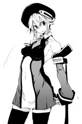 Rule 34 | 10mo, 1girl, armpits, arms behind back, bare shoulders, beret, blazblue, blonde hair, breasts, covered navel, detached sleeves, gloves, greyscale, hat, highres, light blush, looking at viewer, monochrome, necktie, noel vermillion, open mouth, short hair, sideboob, small breasts, smile, solo, sweatdrop, thighhighs, white gloves, zettai ryouiki