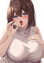Rule 34 | 1girl, absurdres, bare arms, blue eyes, blush, breasts, brown hair, close-up, commentary, fellatio gesture, hair between eyes, hairband, hand on own chest, hand up, highres, large breasts, long hair, looking at viewer, nanohana (november.), open mouth, original, ribbed sweater, saliva, sexually suggestive, simple background, sleeveless, solo, sweater, tongue, tongue out, white background