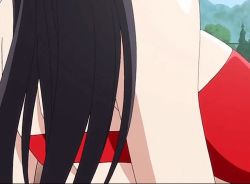 1girl animated animated_gif bikini black_hair bouncing_breasts breasts cleavage covered_erect_nipples female_focus huge_breasts morino_yuuko pool red_bikini swimsuit tentacle_and_witches